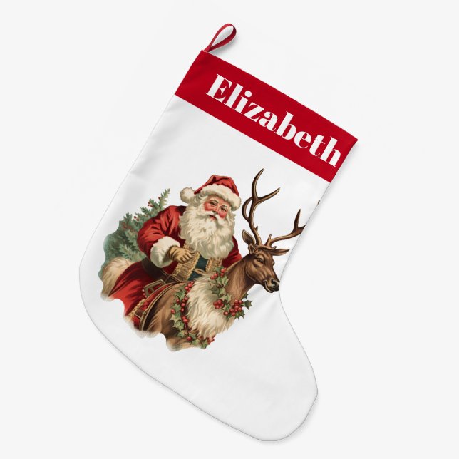 Retro Santa Claus Reitstall Großer Weihnachtsstrumpf (Vorderansicht (hängend))