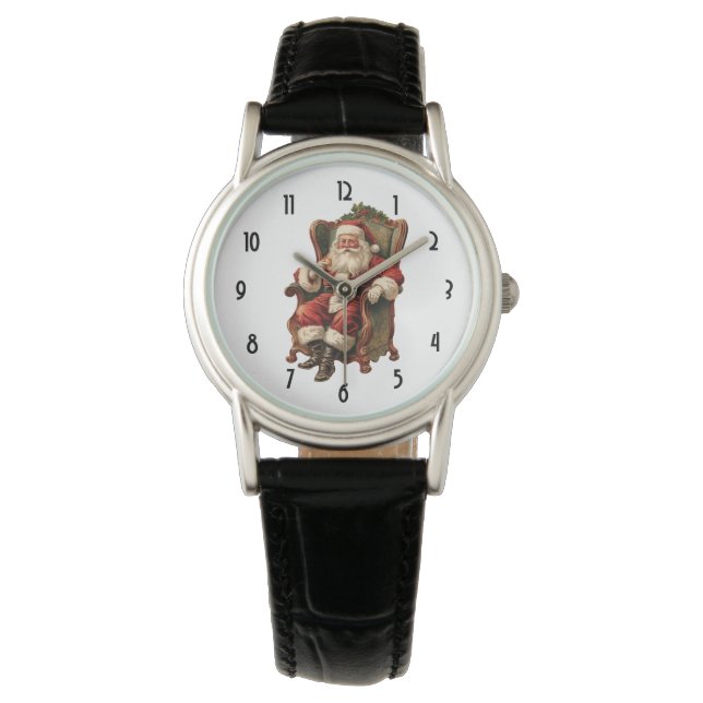 Retro Santa Claus sitzt in einem Stuhl Weihnachten Armbanduhr (Vorderseite)