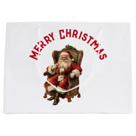 Retro Santa Claus sitzt in einem Stuhl Weihnachten Große Geschenktüte