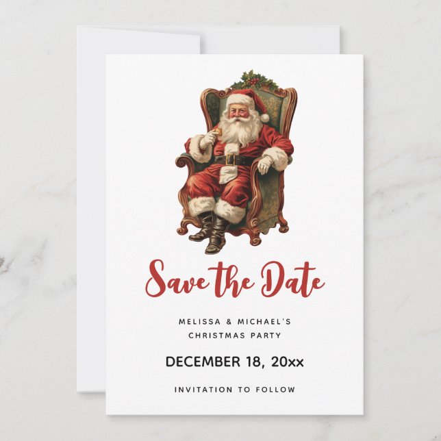 Retro Santa Claus sitzt in einem Stuhl Weihnachten Save The Date (Vorderseite)