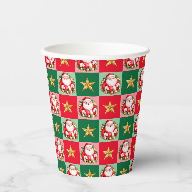 Retro Santa Claus Tartan Karierte Weihnachten Pappbecher (Vorderseite)