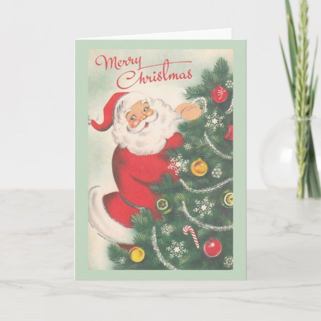 Retro Santa Claus und Tree Weihnachtskarte Karte (Vorderseite)