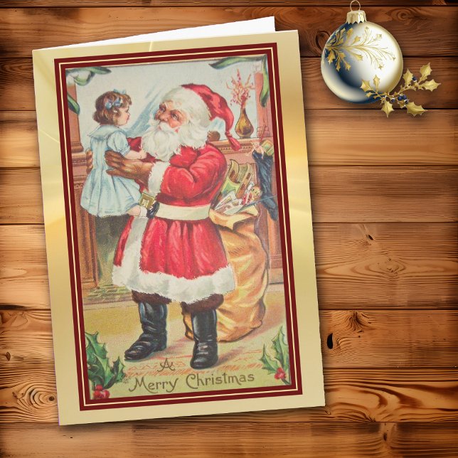 Retro Santa Examina Puppe Red Border Holiday Karte (Von Creator hochgeladen)