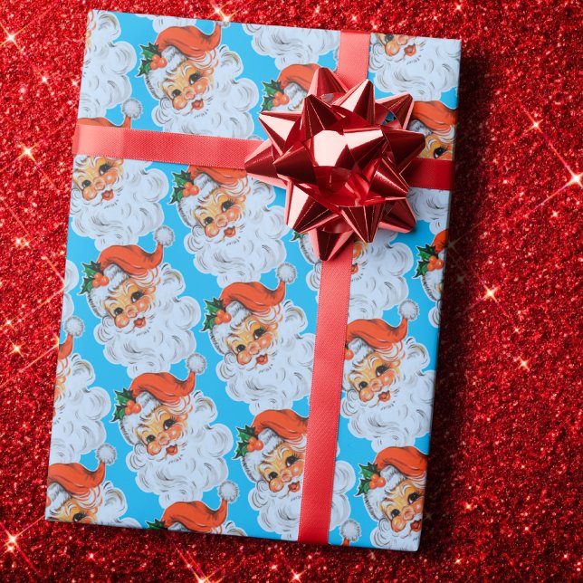 Retro Santa face Christmas Blue Geschenkpapier (Von Creator hochgeladen)