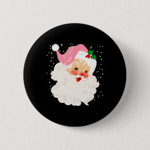 Retro Santa Face in Pink Hat Vintage Weihnachten Button