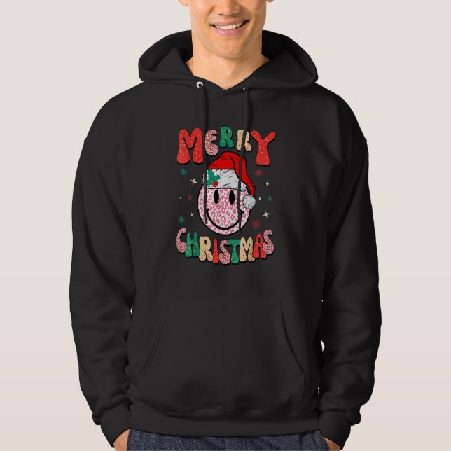 Retro Santa Hat Leopard Smile Face Merry Christmas Hoodie (Vorderseite)