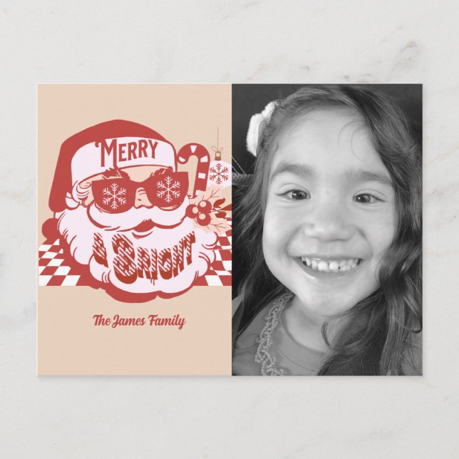 Retro Santa Merry Bright Groovy Weihnachts-Foto Postkarte (Vorderseite)