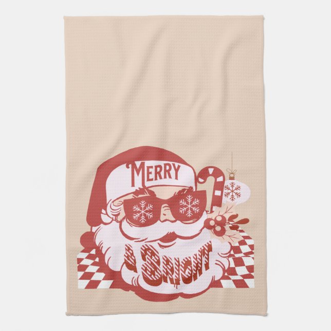 Retro Santa Merry Bright Weihnachts Rosa Rosa Geschirrtuch (Vertikal)