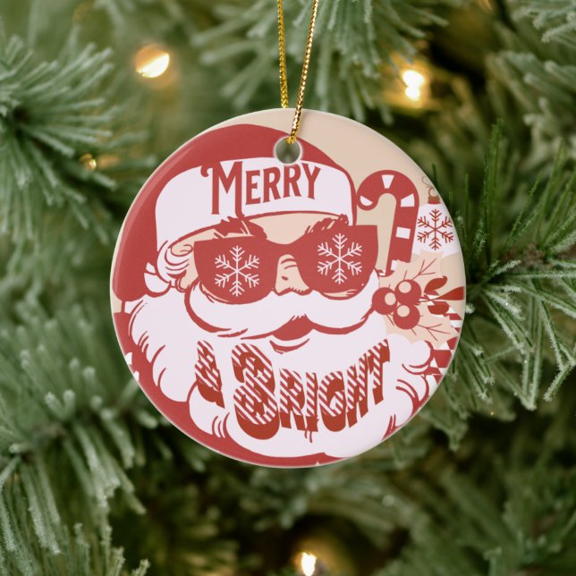 Retro Santa Merry Bright Weihnachts Rosa Rosa Keramik Ornament (Baum)