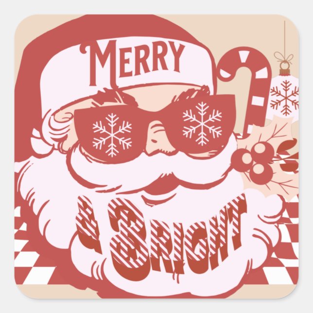 Retro Santa Merry und Bright Groovy Quadratischer Aufkleber (Vorderseite)