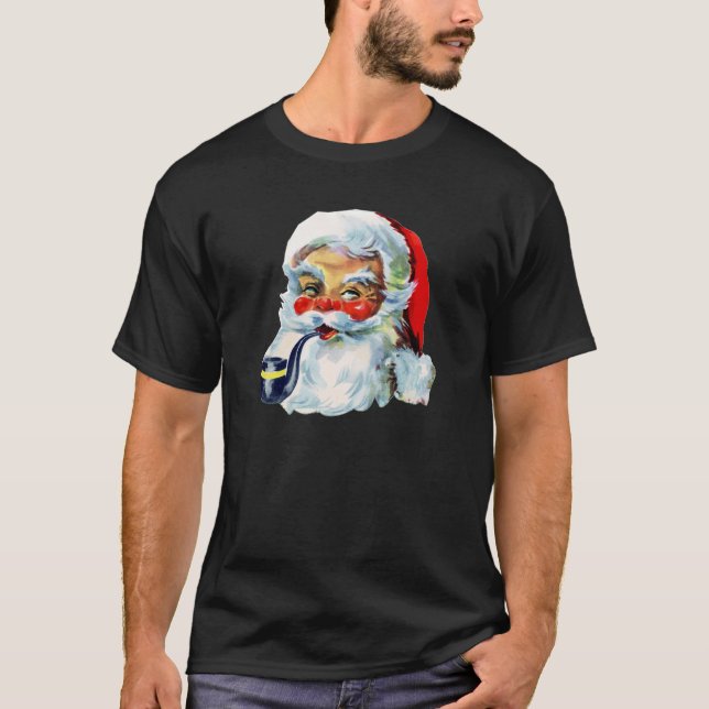 Retro Santa mit Bart und Pfeife T-Shirt (Vorderseite)