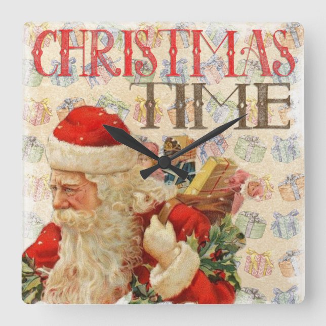 Retro Santa mit Geschenken & Weihnachtszeit Quadratische Wanduhr (Vorderseite)