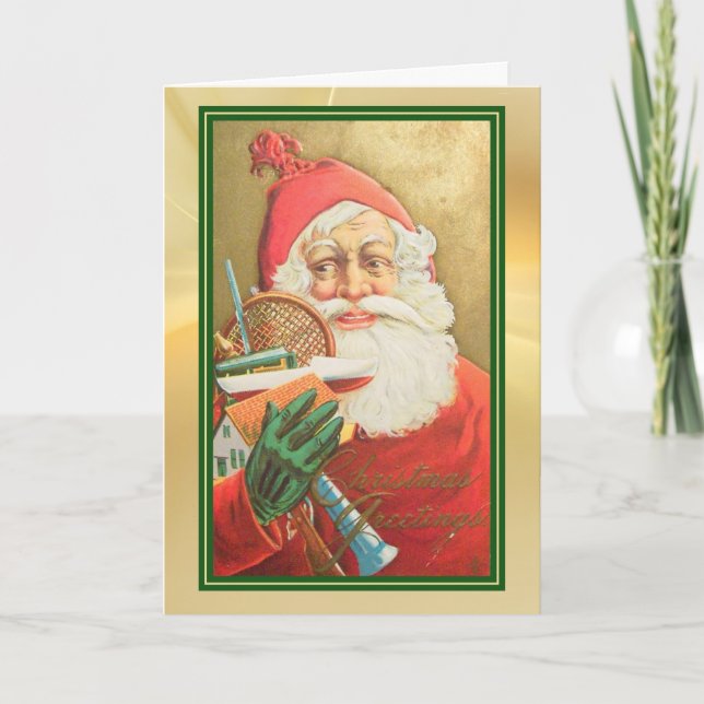 Retro Santa mit Spielzeug Gold Green Border Holida Karte (Vorderseite)