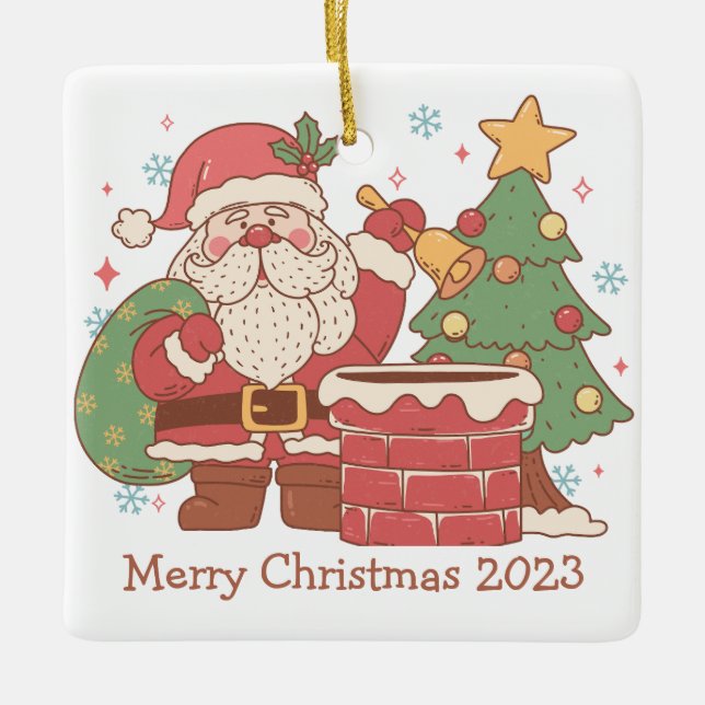 Retro Santa mit Toys Weihnachtsdekoration Keramikornament (Vorderseite)