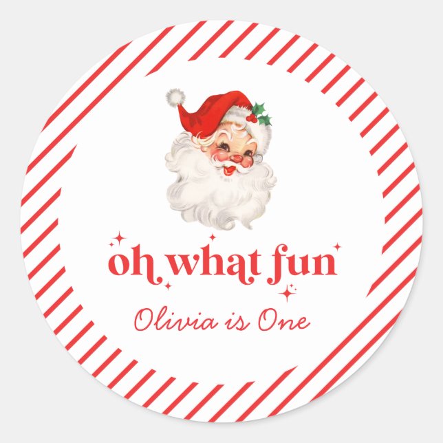 Retro Santa Oh What Fun Birthday Runder Aufkleber (Vorderseite)
