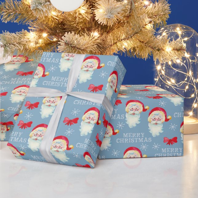 Retro Santa on Pastel Blue Christmas Geschenkpapier (Feiertage)