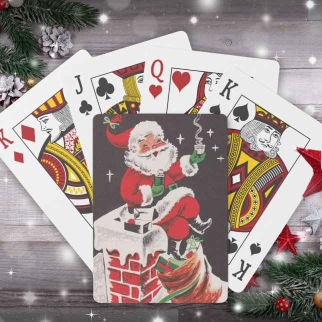 Retro Santa on Rooftop Weihnachten im 1950er Jahre Spielkarten (1950s Retro Santa on Rooftop Vintage Christmas Poker Cards)