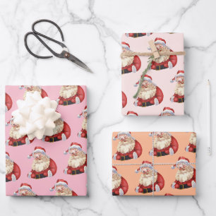 Retro Santa Pastel Pink Weihnachtswrapping Paper Geschenkpapier Set
