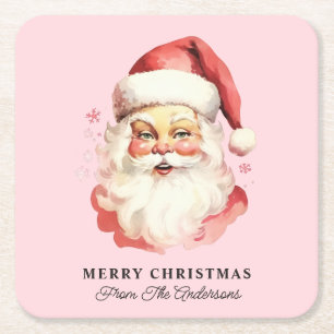 Retro Santa Pink Personalisierter Name Weihnachten Rechteckiger Pappuntersetzer
