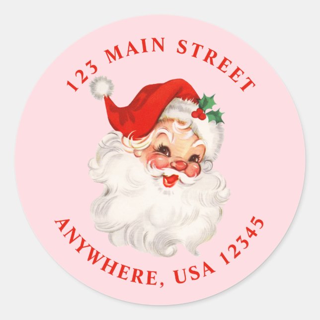 Retro santa pink Retro-Adressetikett Runder Aufkleber (Vorderseite)