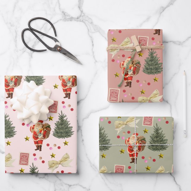 Retro Santa Pink & Sage Weihnachtswrapping Sheets Geschenkpapier Set (Vorderseite)