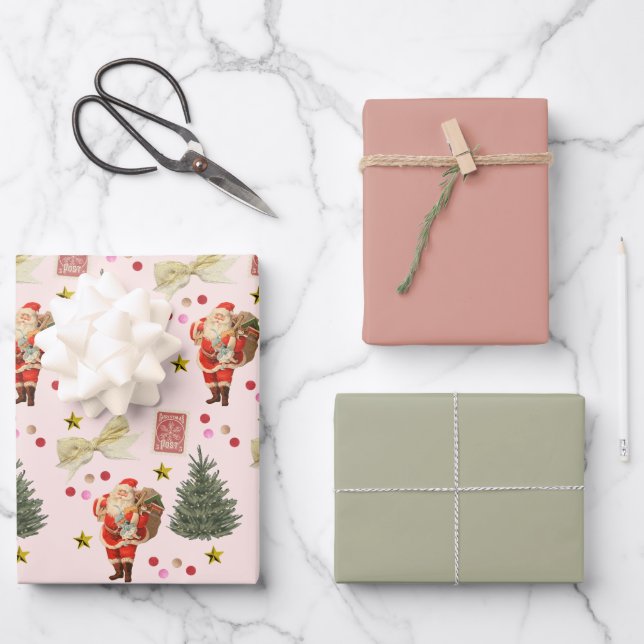 Retro Santa Pink & Sage Weihnachtswrapping Sheets Geschenkpapier Set (Vorderseite)