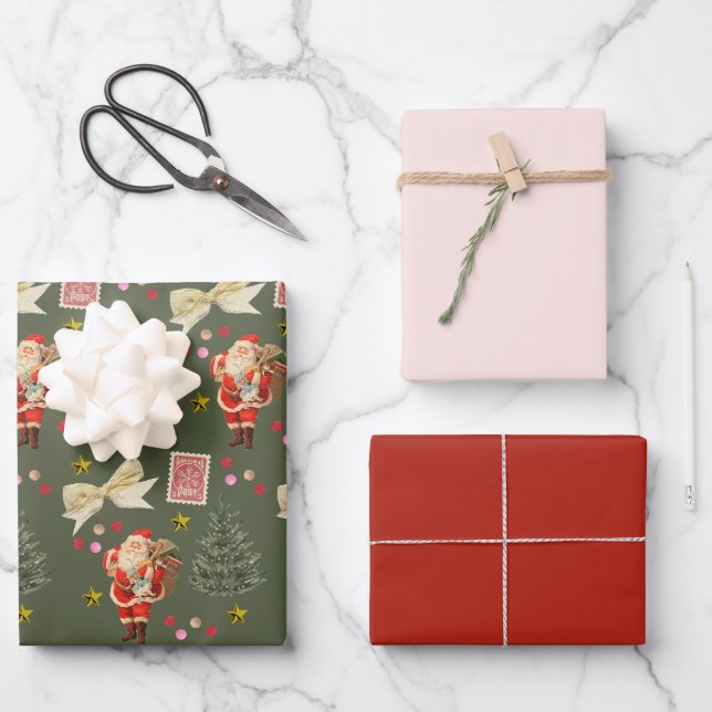 Retro Santa Red & Green Weihnachtswrapping Sheets Geschenkpapier Set (Vorderseite)