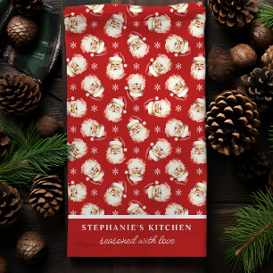 Retro Santa Red Personalisiert Name Weihnachten Geschirrtuch