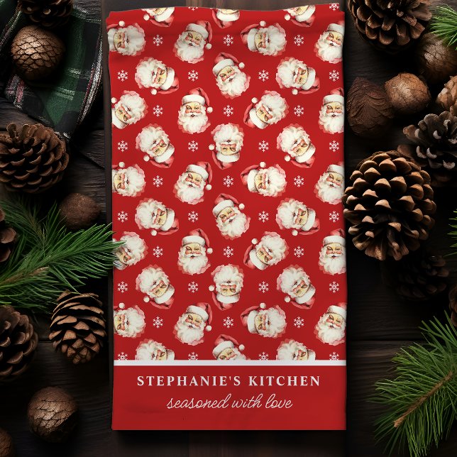 Retro Santa Red Personalisiert Name Weihnachten Geschirrtuch (Von Creator hochgeladen)