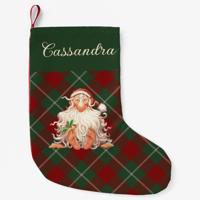 Retro Santa Tartan Kariert mit Name Kleiner Weihnachtsstrumpf (Vorderseite)