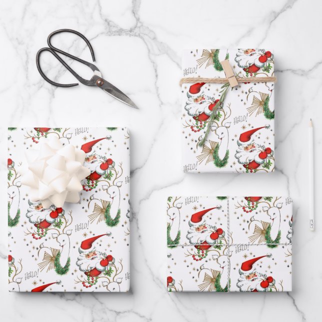 Retro Santa und Rentier  Geschenkpapier Set (Vorderseite)