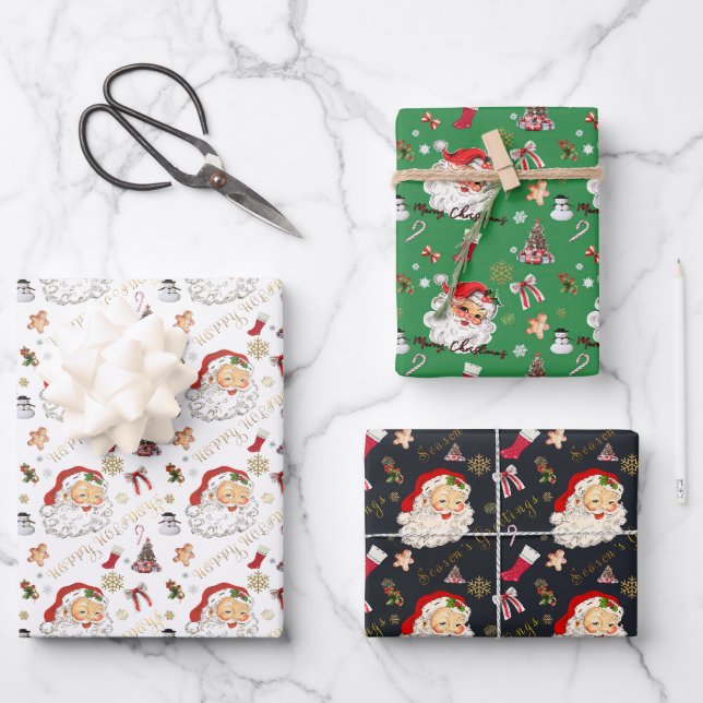 Retro Santa White Green und Black Holiday Gruß Geschenkpapier Set (Vorderseite)