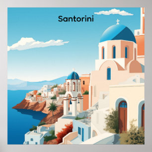 Retro Santorin Griechenland Mittelmeer Blau & Weiß Poster
