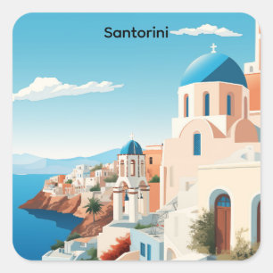 Retro Santorin Griechenland Mittelmeer Blau & Weiß Quadratischer Aufkleber