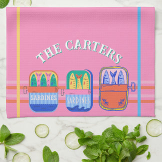 Retro-Sardinen-Dosen-Illustration Rosa Küche Custo Geschirrtuch