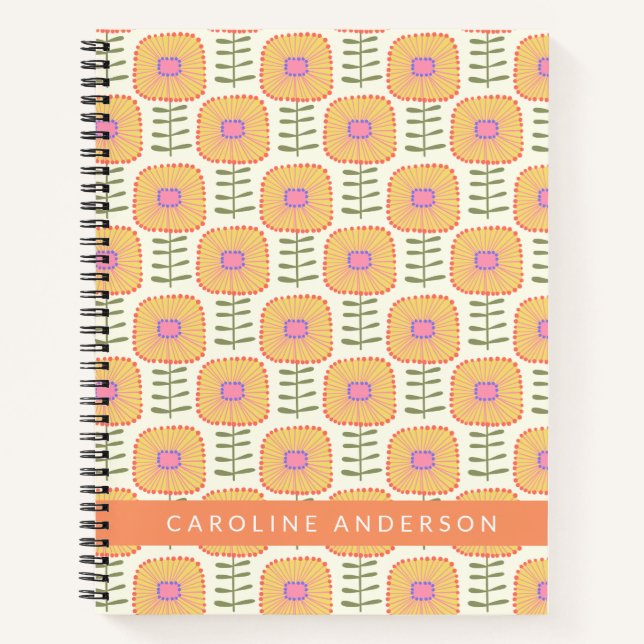 Retro-Scandi-Gelb-Blumenmuster personalisiert  Notizbuch (Vorderseite)