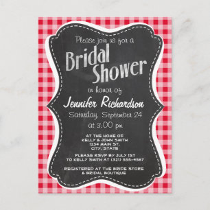 Retro Scarlet Red Gingham; Chalkboard-Look Einladungspostkarte