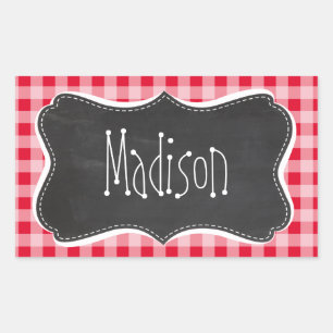 Retro Scarlet Red Gingham; Chalkboard-Look Rechteckiger Aufkleber
