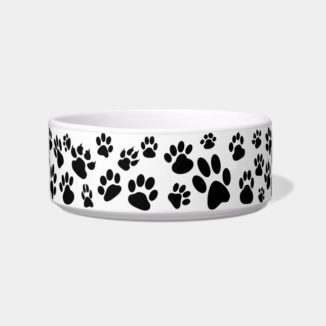 Retro Scattered Dog Paw Prints Schwarz und Weiß Napf (Vorderseite)
