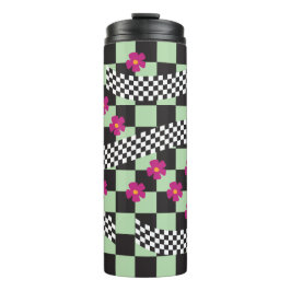 Retro-Schachbrett-Design mit Blumen Thermosbecher
