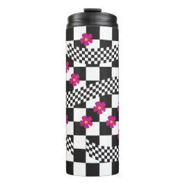 Retro-Schachbrett-Design mit Blumen Thermosbecher