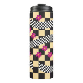 Retro-Schachbrett-Design mit Blumen Thermosbecher