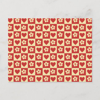 Retro-Schachbrett-Herzen-und-Blumen-Muster Postkarte