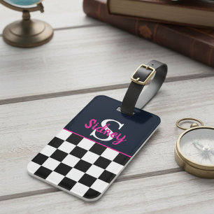 Retro-Schachbrett Neonrosa Namensmonogramm Gepäckanhänger