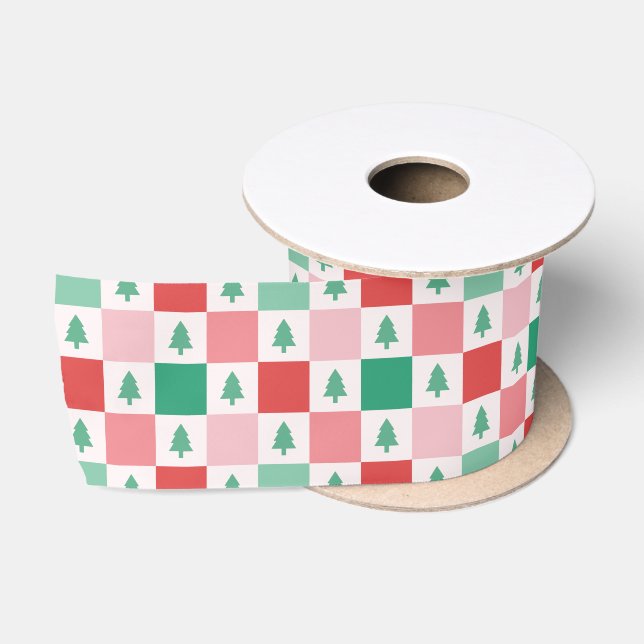 Retro Schachbretts Weihnachtsmuster - Rosa Grün Satinband (Spule)