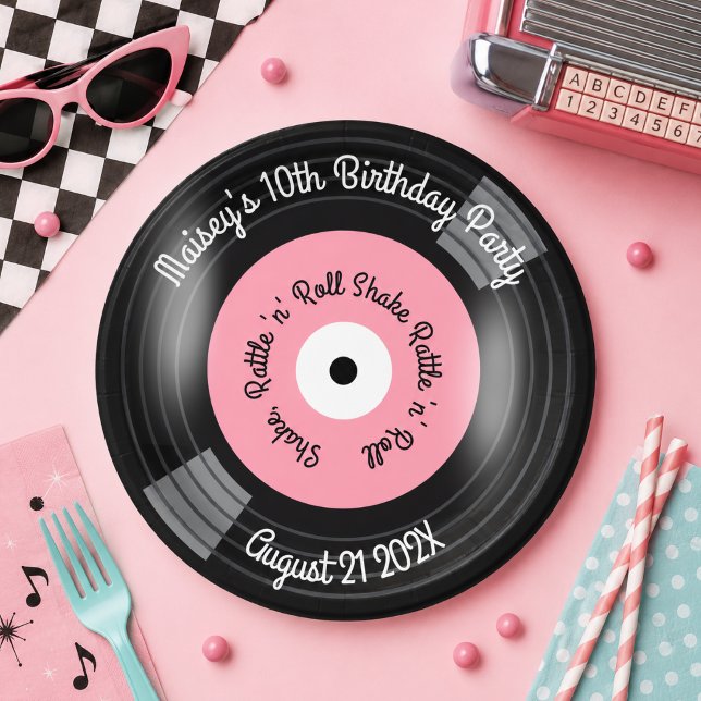Retro-Schallplatten-Party Pappteller (Pink retro vinyl album record paper plate)