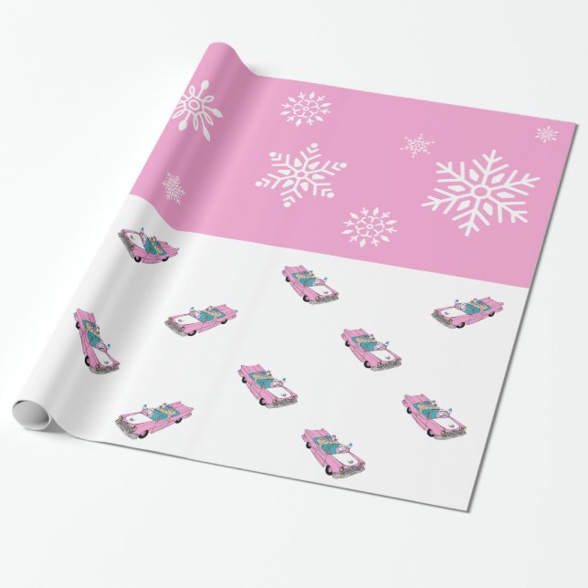 Retro - Schneeflocken & Auto Geschenkpapier (Ungerollt)