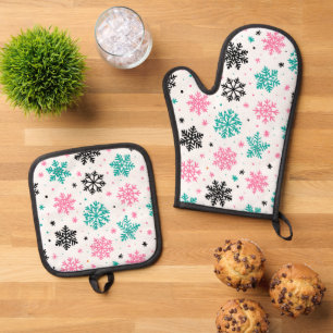 Retro-Schneeflocken Ofenhandschuh & Topflappen-Set