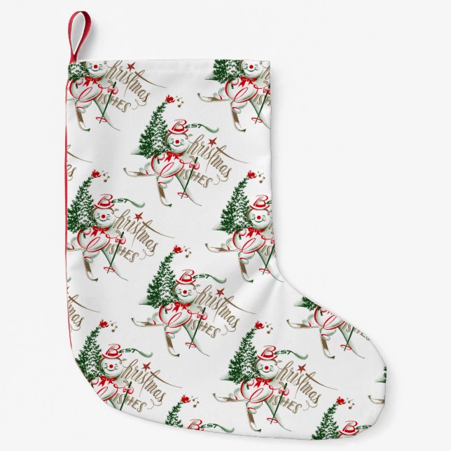 Retro Schneemann auf Skis Kleiner Weihnachtsstrumpf (Vorderseite)