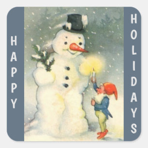 Retro-Schneemann und Elf-Weihnachten Quadratischer Aufkleber